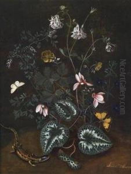 Aquilegia With Butterflies And A Salamander Oil Painting by Alida Withoos