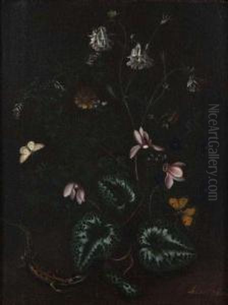 Ancolies, Papillons Et Salamandre Oil Painting by Alida Withoos