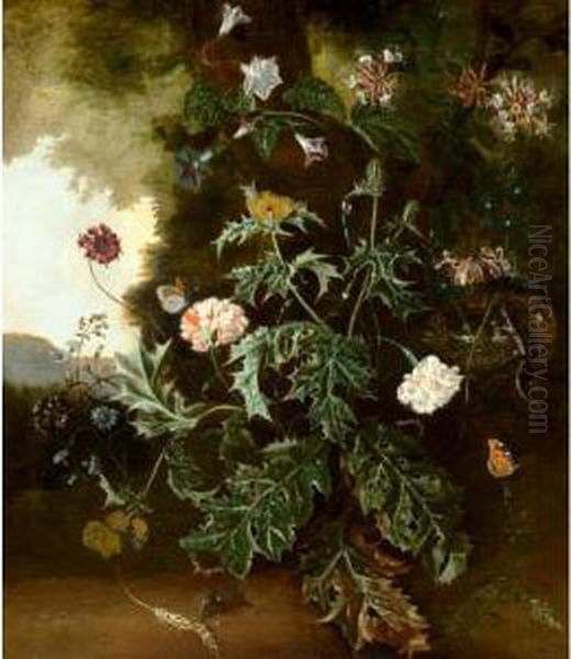 Still Life With Prickly Poppy, Carnations, Honeysuckle And Various Other Flowers With A Lizard On A Bird Nest, A Mouse, Butterflies, And A Caterpillar Oil Painting by Alida Withoos