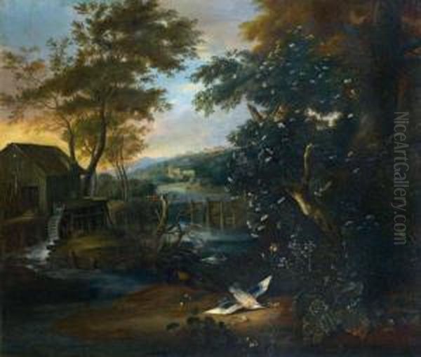 Paysage De Campagne Au Moulin, Avec Une Belette Et Une Canne Oil Painting by Mathias Withoos