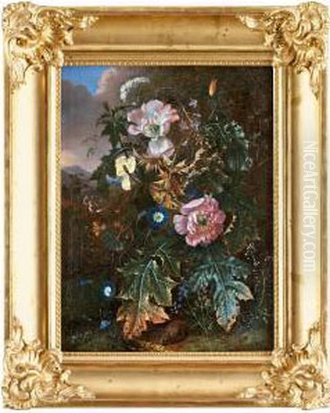 Skogsstilleben Med Plantor, Blommor, Fjaril Och Skogsmus Oil Painting by Mathias Withoos