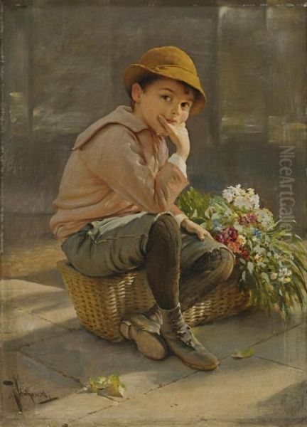 Guarding The Flower Basket Oil Painting by Karl Karol Witkowski /