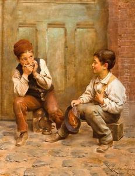 Shoeshine Boys Oil Painting by Karl Karol Witkowski /