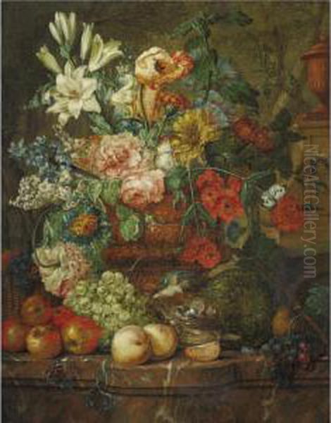 Still Life With Flowers And Fruit On A Marble Ledge Oil Painting by C.F. Witman