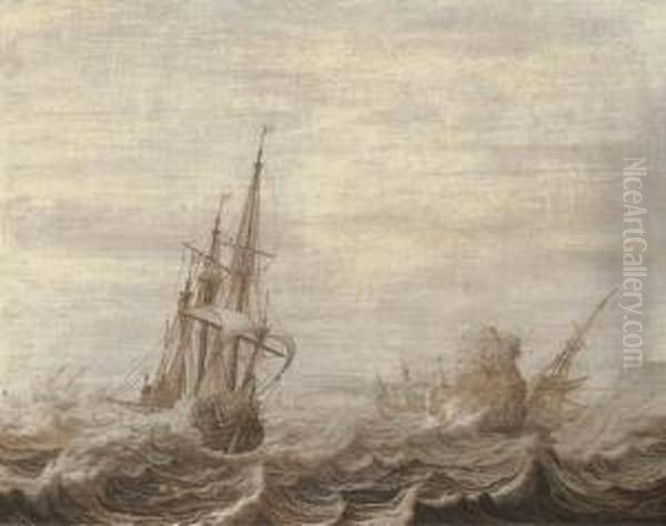 A Penschilderij: Three-masters Off A Rocky Coast In Choppywaters Oil Painting by Heerman Witmont