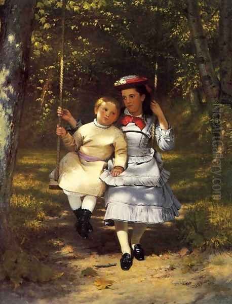 Two Girls on a Swing Oil Painting by John George Brown