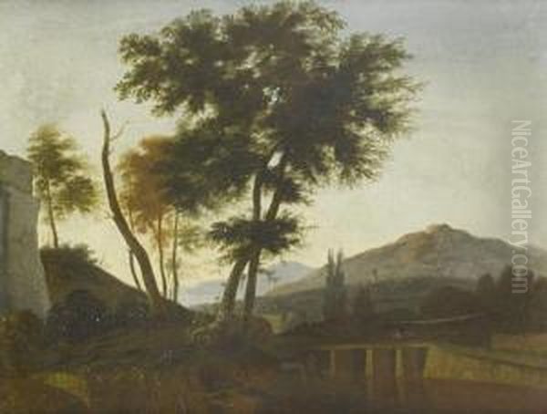 An Italianate Landscape With A Horseman Crossing A Bridge And A Village On The Horizon Oil Painting by Matthias Witthoos