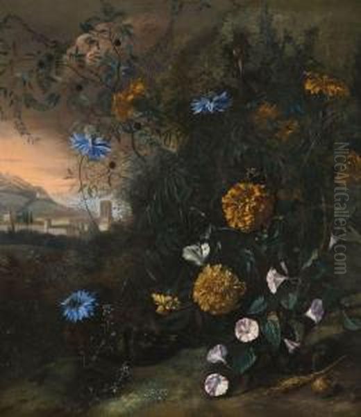 Herisson Au Pied D'un Buisson Fleuri Sur Fond De Paysage Oil Painting by Matthias Witthoos