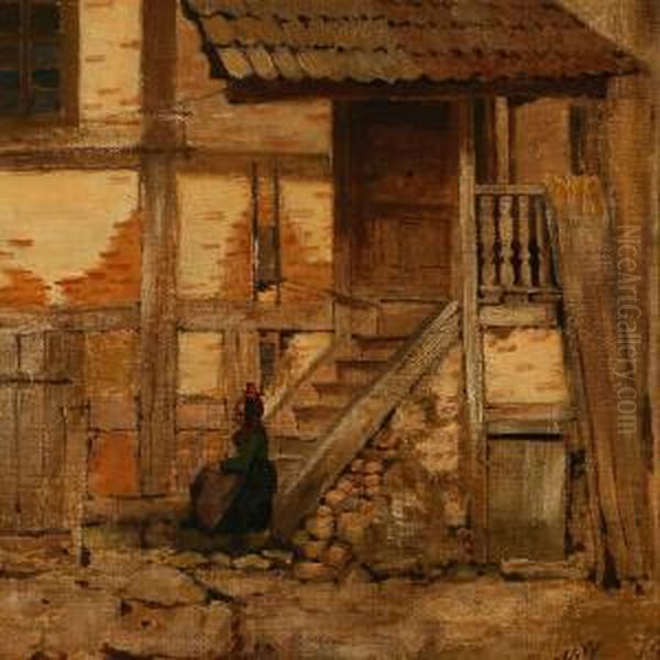 Courtyard Exterior With A Woman On A Staircase Oil Painting by Niels Wiwel