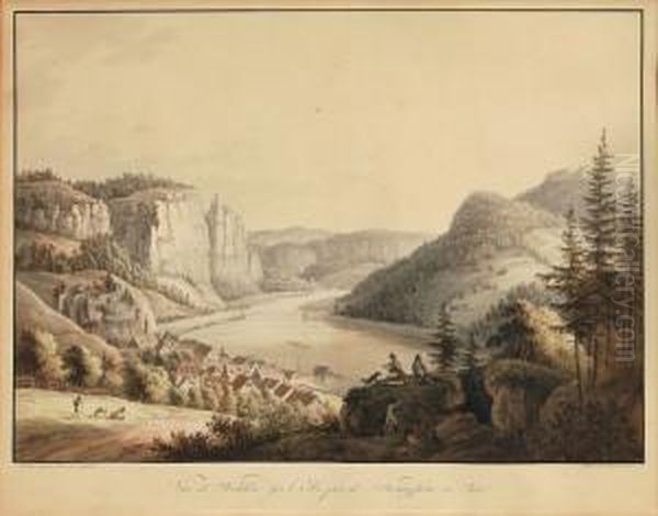 Vue De Wehlen Surl'elbe Pres De Konigstein En Saxe Oil Painting by Johann Friedrich Wizani