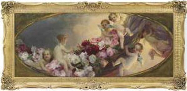 Putti With Flowers, Feigned Oval Oil Painting by Franz Wobring