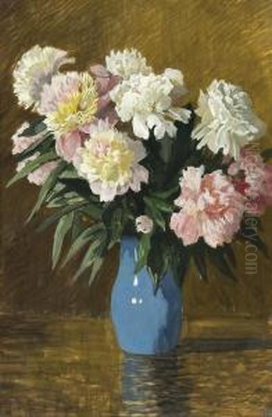 Peonies In A Vase Oil Painting by Josef Wodzinski