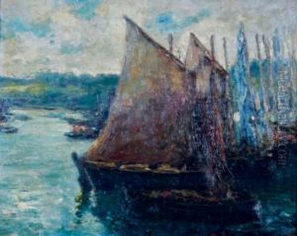 Boats Docked In The Harbor Oil Painting by Arthur William Woelfle