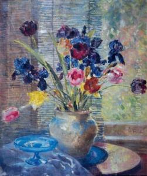 Still Life Of Tulips And Irises In A Vase Oil Painting by Arthur William Woelfle