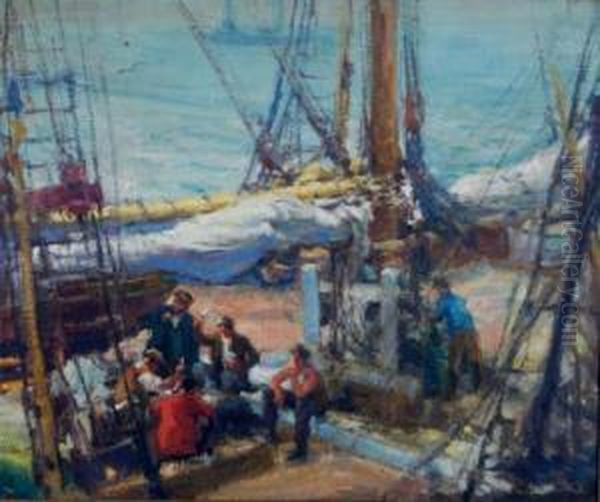 Game Of Cards By The Docks Oil Painting by Arthur William Woelfle