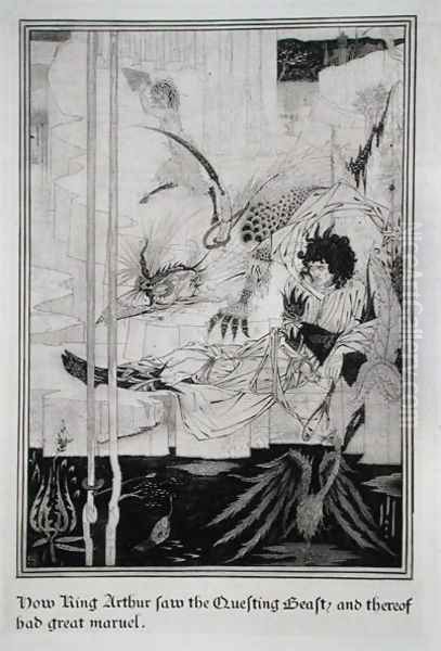 Now King Arthur saw the Questing Beast and thereof had great marvel, from 'Le Morte d'Arthur Oil Painting by Aubrey Vincent Beardsley