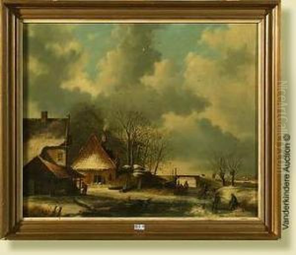 Paysage Enneige Aux Patineurs Oil Painting by Herman Wolbers