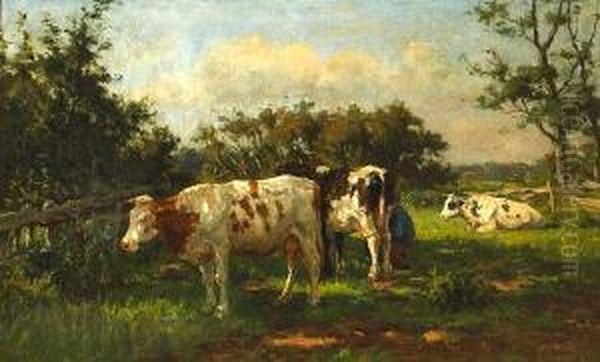 Cows Grazing In A Sun-dappled Meadow Oil Painting by Herman Wolbers