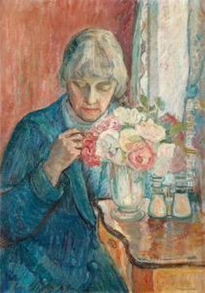 Kris Sewing / Lady By A Bouquet Ofroses Oil Painting by Oluf Wold-Torne