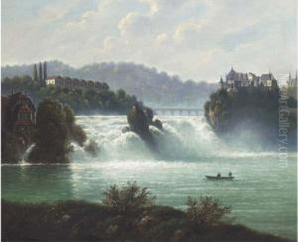 A Castle Overlookng Cascading Water Oil Painting by Alexander Wolf