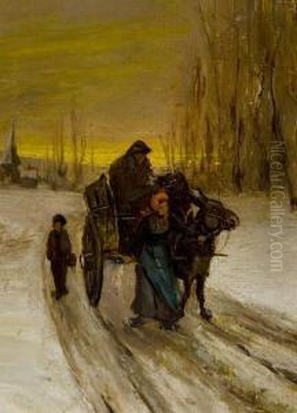 A Winter Scene With Horse Drawn Cart And Figures Oil Painting by Andeal Wolf