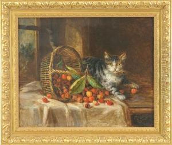 Gatto Con Cesto Di Ciliegie Rovesciate Sul Tavolo Oil Painting by Camille Aime Fr. Wolf