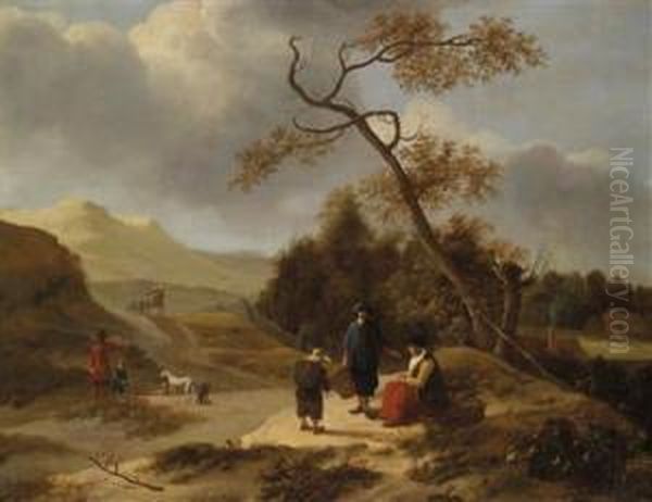 Dutch Dune Landscape With Figures Oil Painting by Jan Baptist Wolfaerts