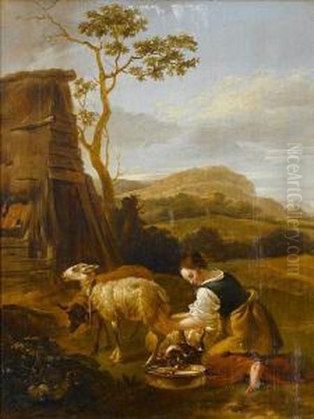 A Peasant Girl Milking A Goat Oil Painting by Jan Baptist Wolfaerts