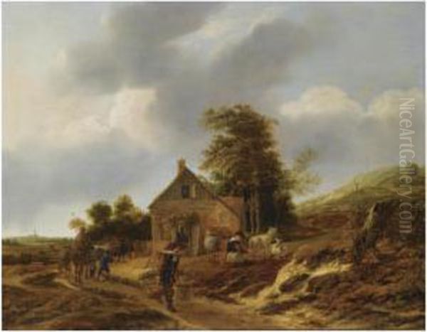 A Dune Landscape With A Peasant Woman Milking Sheep Outside Afarmhouse, A Water Carrier And A Shepherd With His Cattle On Apath, A View Of The Saint Bavo Church In Haarlem Beyond Oil Painting by Jan Baptist Wolfaerts