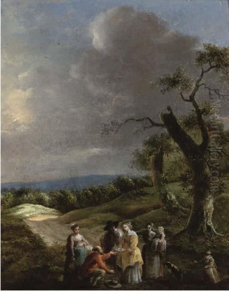 A Wooded Landscape With A Man Selling A Dove To A Lady On Apath Oil Painting by Jan Baptist Wolfaerts