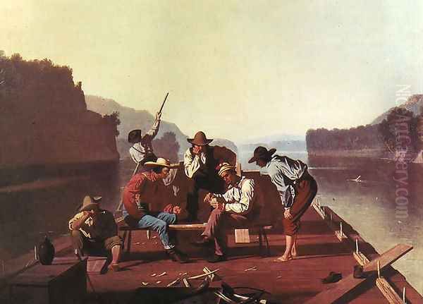 Ferrymen Playing Cards Oil Painting by George Caleb Bingham