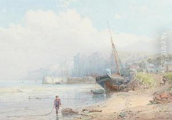 Saundersfoot, Tenby, With Figure On The Shore Oil Painting by George Wolfe