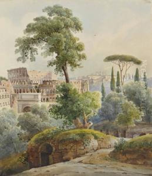 Vue De Rome Avec Le Colisee Et La Villa Medicis Oil Painting by Johann Jacob Wolfensberger