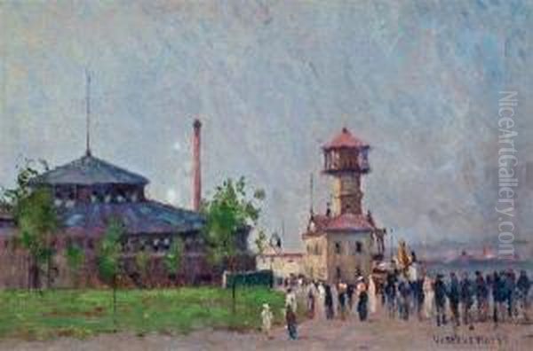 Castle Garden At Battery Park With The Fire Boattower Oil Painting by Gustave Wolff