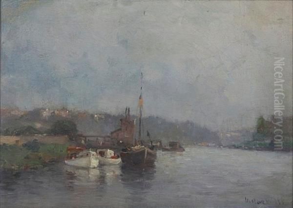 View Of Boats Along A River Oil Painting by Gustave Wolff