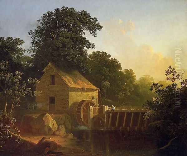 Landscape with Waterwheel and Boy Fishing Oil Painting by George Caleb Bingham