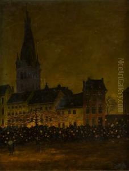 Martinszug In Der Dusseldorfer Altstadt Mit Lambertuskirche Oil Painting by Joannes Joseph Wolff