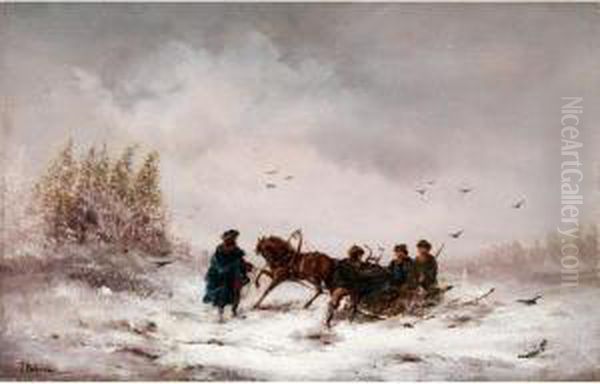 Pferdeschlitten Mit Vier Personen In Polnischer Kleidung. Oil Painting by Joseph Wolfram