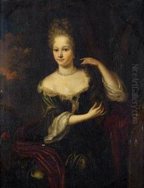 Portrait Of A Lady, Three-quarter-length, In A Green Dress With A Red Silk Wrap, Seated Before A Landscape Oil Painting by Aleijda Wolfsen