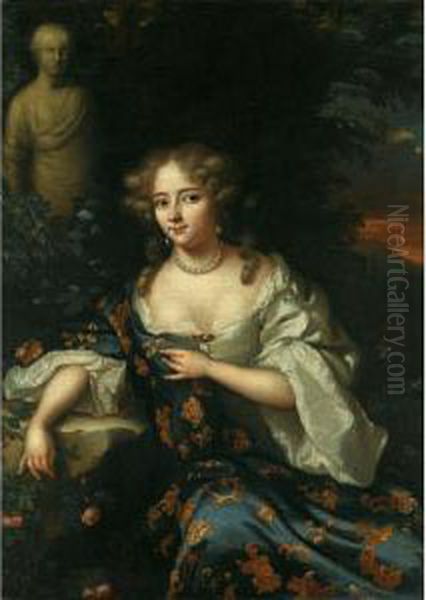 Portrait Of A Lady, Three-quarter Length, Wearing A White Silk Chemise And A Gold Embroidered Blue Dress Oil Painting by Aleijda Wolfsen