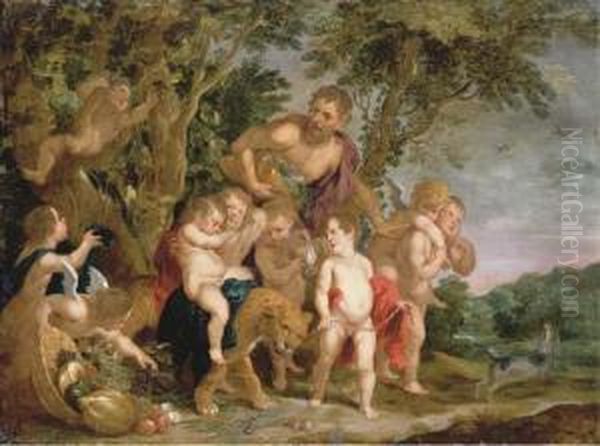 A Bacchanal In A Wooded River Landscape Oil Painting by Victor Wolfvoet