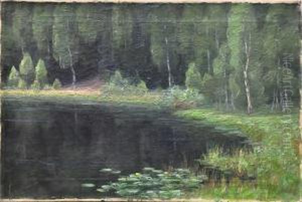 Bewaldetes Seeufer Mit Seerosen Oil Painting by Anna Wolkenhauer