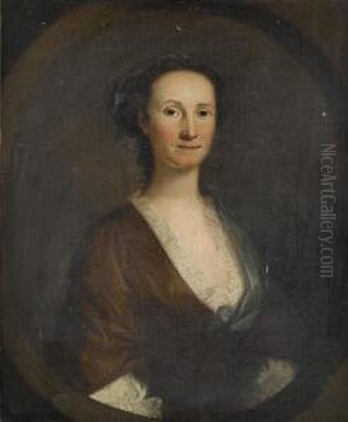 Portrait Of A Lady, Believed To Be Helen Hozier Nee Robinson, Half-length, In A Brown Dress, A Lace Chemise And A Blue Shawl, Within A Painted Stone Oval Oil Painting by John Wollaston