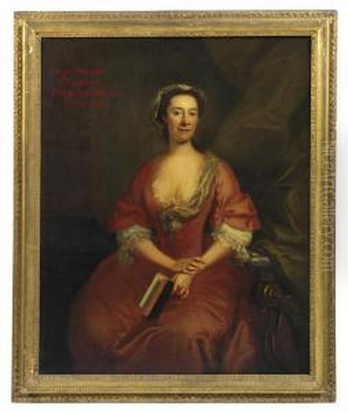 Portrait Of Mary Thomas, Second Wife Of Philip Bartholomew (d.1775), Three-quarter-length, In A Pink Dress With A Lace Collar Andsleeves, Seated In An Interior, Holding An Open Book In Her Lefthand Oil Painting by John Wollaston