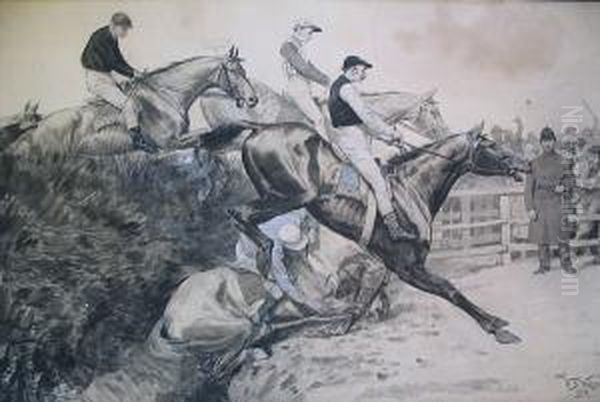 The Grand National 'beecher's Brook' The Favourite's Down Oil Painting by William Barnes Wollen