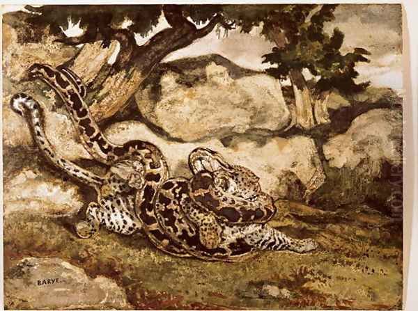 A Python Killing a Tiger Oil Painting by Antoine-louis Barye