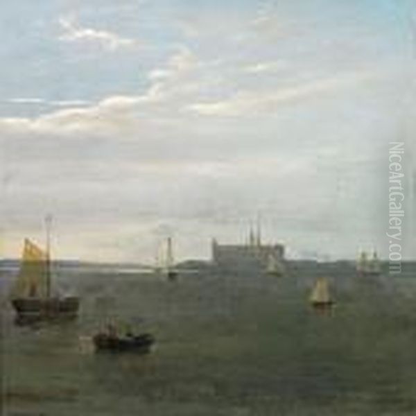 Numerousships In Quiet Water Off Kronborg Castle Oil Painting by Friedrich Ernst Wolperding