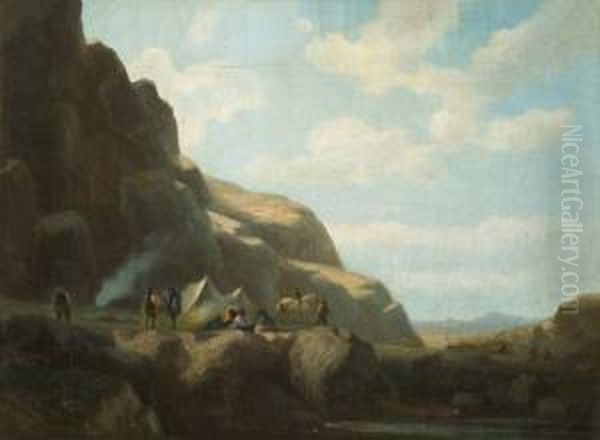 Indianerlager In Felslandschaft Oil Painting by Friedrich Ernst Wolperding