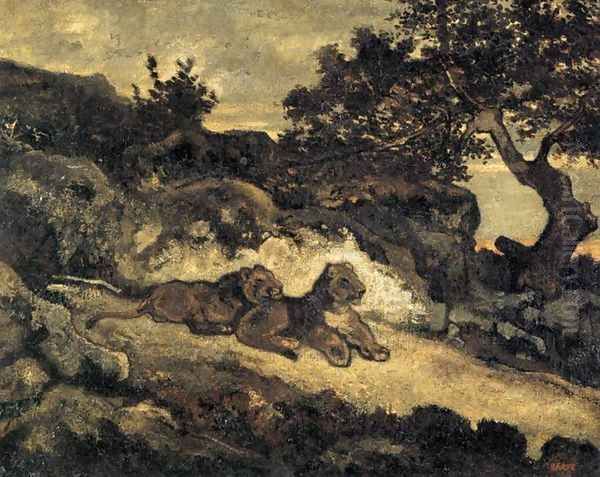 Lions Near Their Den Oil Painting by Antoine-louis Barye