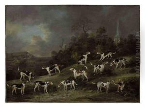 Hounds Of Colonel Hylton Joliffe Of Merstham House, Surrey With Merstham Church And Mill Beyond Oil Painting by Dean Wolstenholme, Snr.